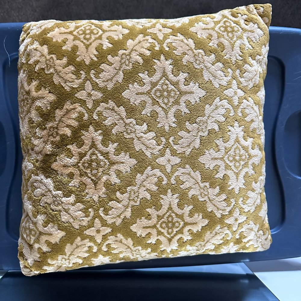 Vintage Chenille Throw Pillow Gold Green Soft Square